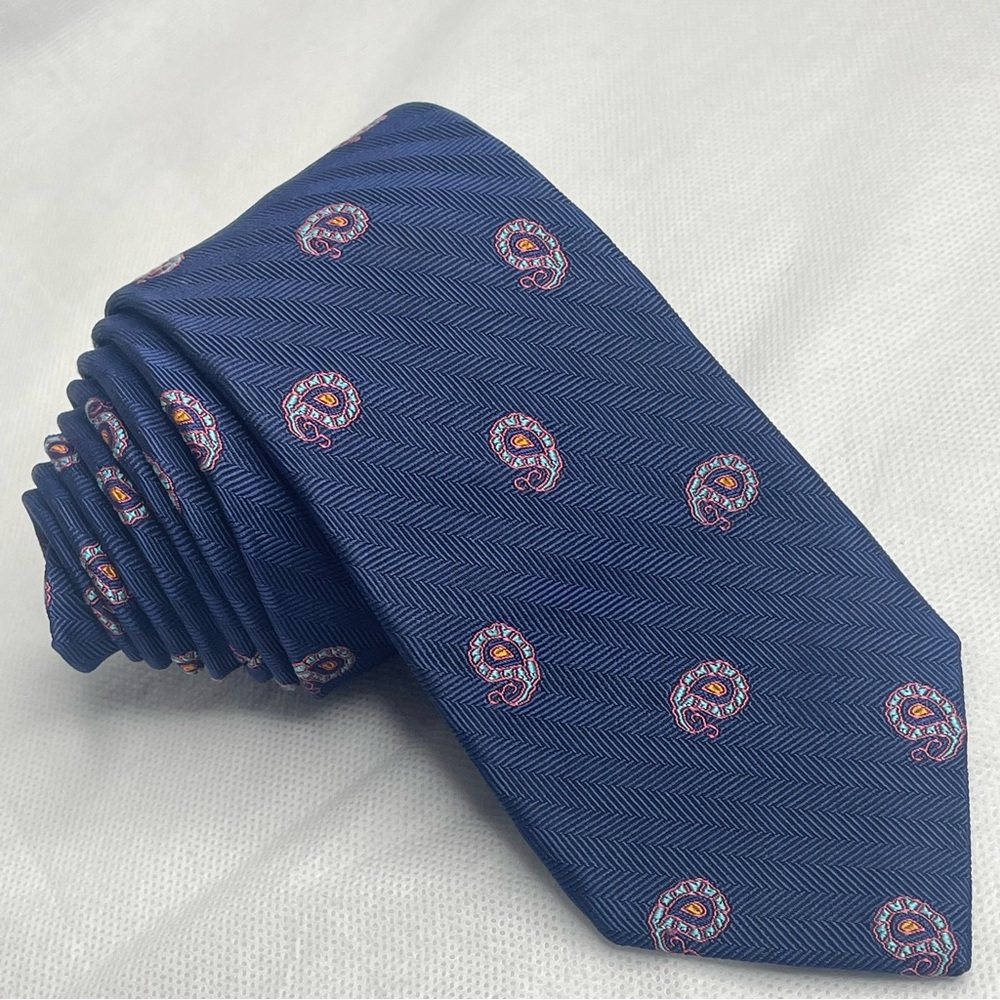 Ledbury Slim Paisley Necktie Hatch Repp Silk Navy Blue Pink Skinny Designer Tie